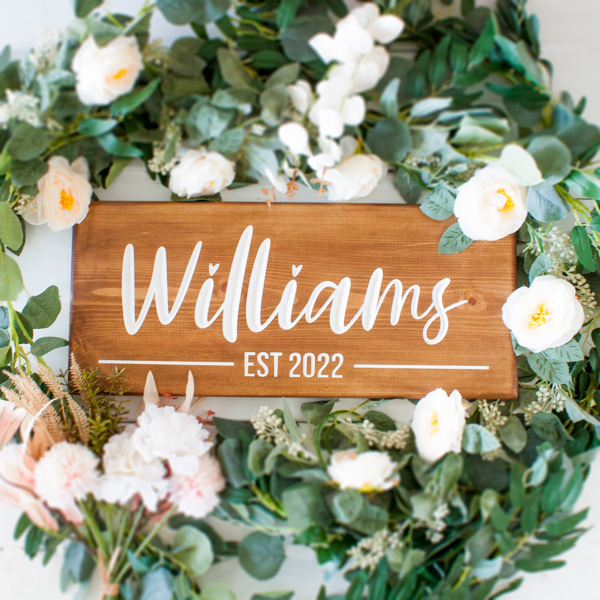 Personalised Engraved Wooden Surname & Est Date Wedding Sign - 50 x 22 Personalised Engraved Wooden Surname & Est Date Wedding Sign - 50 x 22